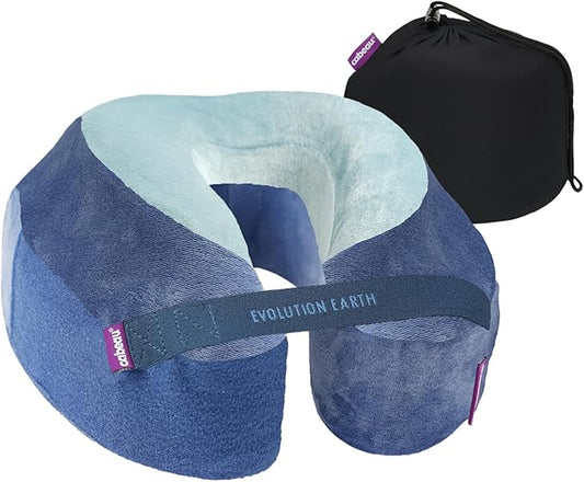 Cabeau Best Neck Pillow for Travel – Evolution Earth Deluxe – 360° Head, Neck and Chin Support for Sleeping – Sustainable Memory Foam - Removable, Washable Cover with Compact Carrying Case (Water)