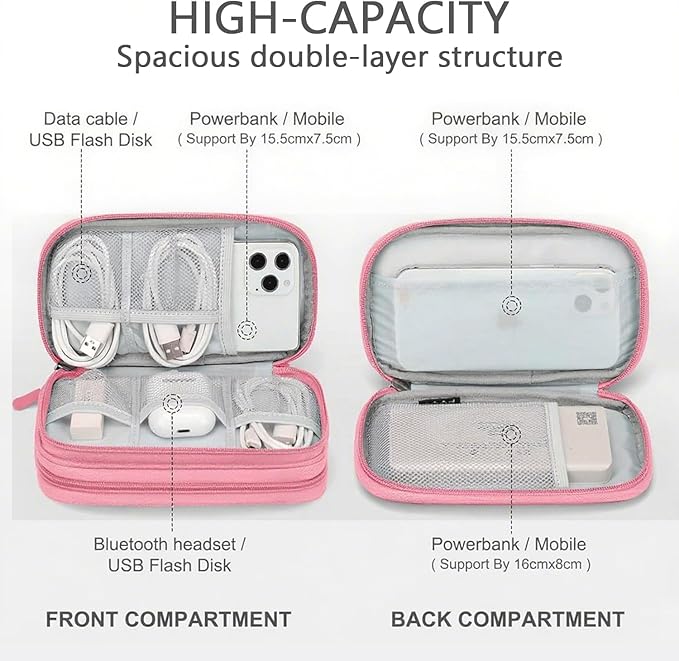 Portable Waterproof Double Layers Travel Cable Organizer Pouch Electronic Accessories Carry Case All-in-One Storage Bag for Cord, Charger, Phone, Earphone, Pink