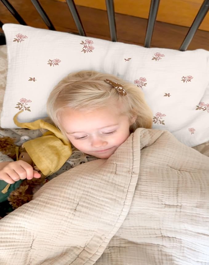 Toddler Pillowcases for 13"x18" Pillow 2 Pack, Muslin Small Toddler Baby Kids Travel Pillow Covers for Boys Girls with Envelope Closure (Flower G & Pink, 13 x 18 Inch)