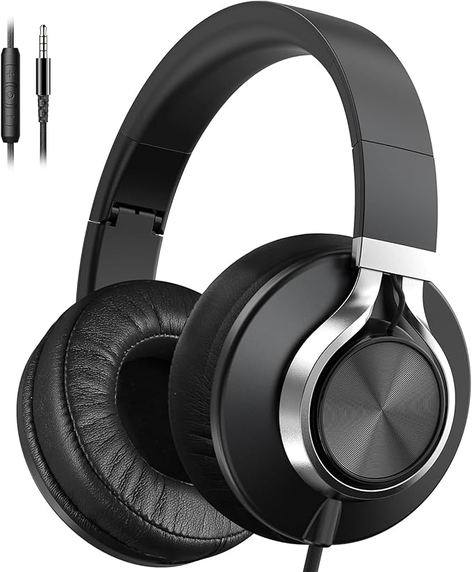 AILIHEN C90 Wired Headphones with Microphone Volume Control, Noise Reduction Over Ear Headphones Wired 3.5mm, Super Soft Corded Headphone for Cellphones, Tablet and Chromebook (Black, Classic, L)