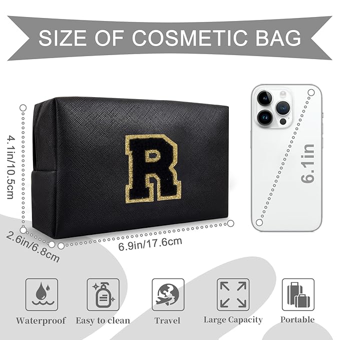 Personalized Initial A-Z Preppy Patch Makeup Bag,Small PU Chenille Letter Cosmetic Bag with Zipper for Teen Girls,Black Cute Toiletry Organizer Bag,Monogram Makeup Case Gift for Women Girls,Letter R