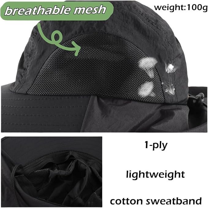 LLmoway Wide Brim Sun Hat with Neck Flap for Men Women Summer Outdoor UV Protection Breathable Fishing Hats with Strap