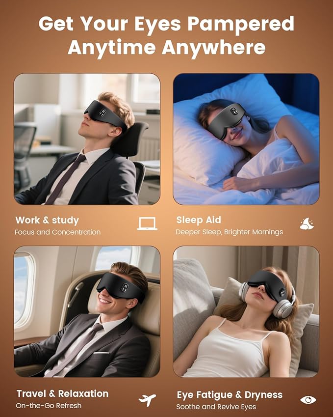 Heated Eye Mask - Cordless Eye Mask for Dry Eyes, Eye Relief, Improved Sleep, Timed Shutdown, 4 Temperature, Washable Eye Heating Pad for Travel, Removable for Cleaning - Black