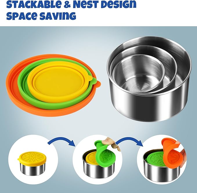 Homotte 304 Stainless Steel Containers with Lids Small for Lunch Food/Snacks, Leak-Proof and Round Stainless Steel Food Storage Containers for Back to School Kids, 3 Pack Stackable (4oz, 8oz, 14oz)