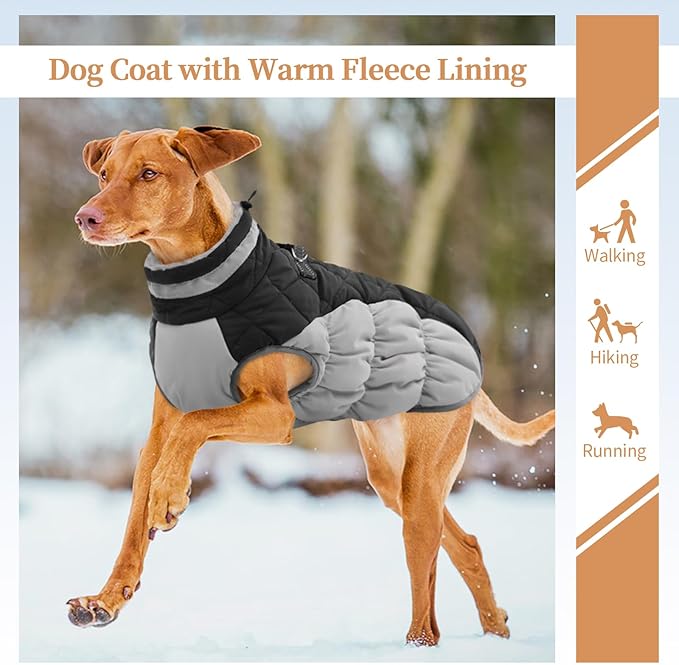 OUOBOB Dog Coats for Large Dogs,XL Dog Coat,Warm Fleece Winter Coat with D-Ring,Back Zipper Pet Jacket for Large Dogs,Waterproof Pet Snow Jacket Clothes Snowsuit Beagle Corgi Border Collie,Black,XL