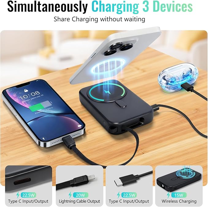 Magnetic Wireless Power Bank,10000mAh Portable Charger with Stand 22.5W MagSafe Fast Charging, Magnet Wireless Battery Pack Travel Essentials Power Bank Compatible with iPhone 17/16/15/14/13/12 Series