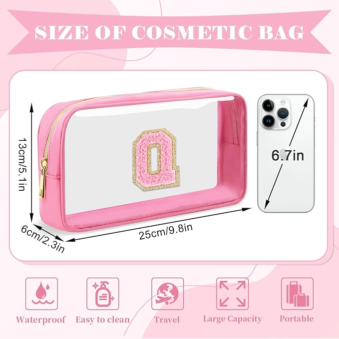 Personalized Initial Letter Clear Makeup Bag,Preppy Small Nylon&PVC Cosmetic Zipper Bag with Chenille Letter,Portable Beach Travel Skincare Toiletry Bag,Trendy Monogram Gift for Teen Girls Women,Q