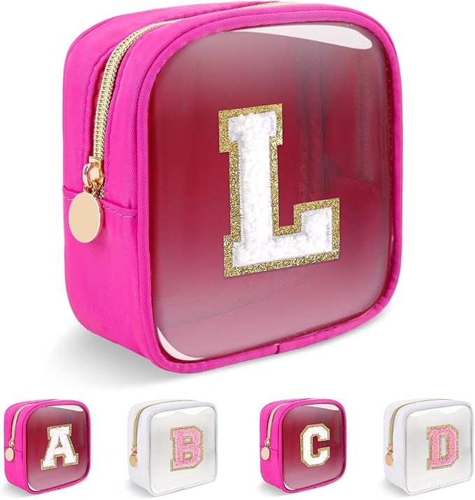 Personalized Initial Letter Clear Preppy Makeup Bag,Mini Nylon Chenille Letter Cosmetic Bag Cute Zipper Pouch Coin Purse for Teen Girls,Portable TSA Approved Travel Essentials Bag Gift for Women,L