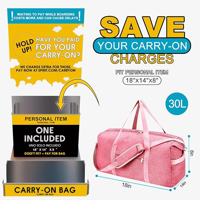 For Spirit Airlines Personal Item Bag 18x14x8, Foldable Small Travel Duffel Bags Gym Duffle Weekender Overnight Carry on Luggage Bag with Wet Pocket & Shoe Compartment for Women Men(Pink, 30L)