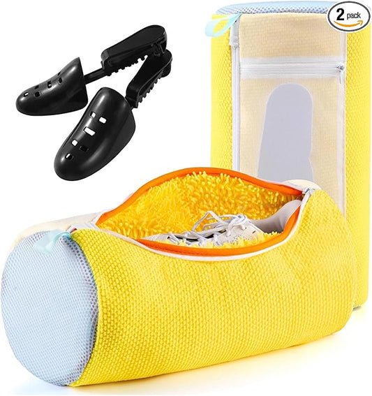 Shoe Bag for Washing Machine - Reusable Sneaker Tennis Shoes Cleaner Bag with Laces & Insoles All-in-One Cleaning Pockets No Tangling, Home Travel Laundry Shoe Bag w/Shoe Trees Keep Shape, Yellow 2pcs