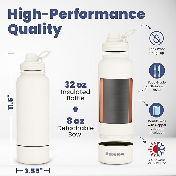 Dog Water Bottle for Dog Lovers - 32 oz Stainless Steel Double Wall Insulated Water Bottle with 8 oz Detachable Bowl on Bottom- Ideal Gift for Doggy Lovers for Christmas - Cream
