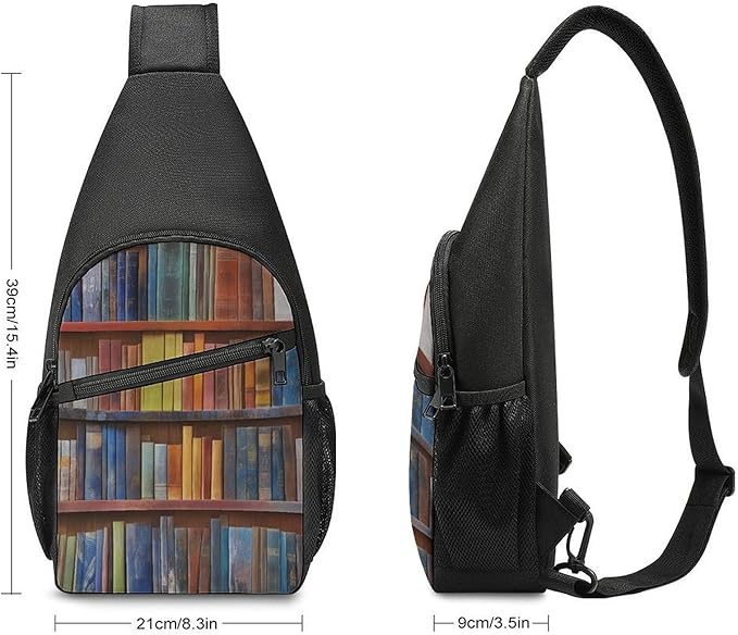 SWEET TANG Men's Crossbody Bag Anti Theft Shoulder Backpack, Funny and Chest Bags Vintage Library Bookshelf Bookcase for Fishing Cycling Hiking, Lightweight and Large Capacity