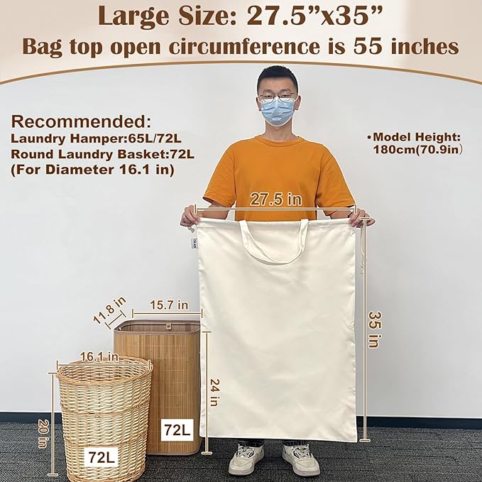 Canvas Laundry Bag with Handles & Drawstring Closure 27.5”x35", Thick Cotton Laundry Bag Large Heavy Duty Washable Dirty Clothes Travel Sack for Camp, College Dorm, Laundromat (Beige L, 2 Pack)