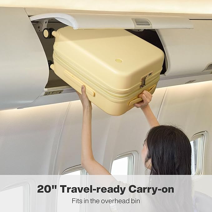 mixi 20 Inch Expandable Carry on Luggage 22x14x9 Airline Approved Suitcases with Spinner Wheels, Hardside Rolling Travel Suitcase PC with TSA Lock & Cover, Lark Yellow
