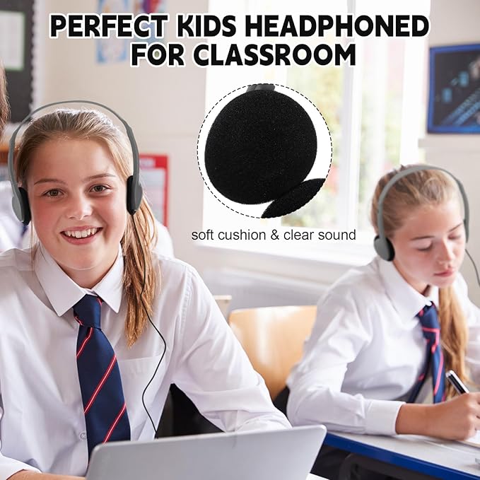 Konohan 30 Pack Headphones Bulk Headphone for School Classroom Student Wired Headphones Adjustable with 3.5 mm Jack for Adults (Grey)