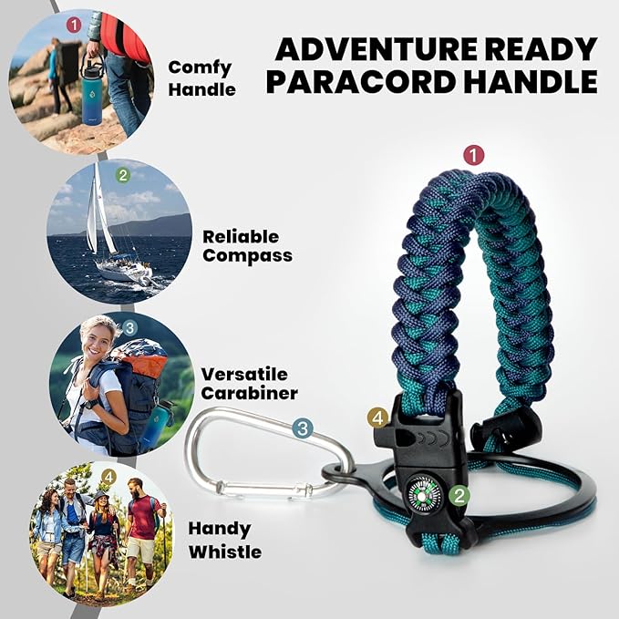 Insulated Water Bottle 32 oz, Triple Wall Vacuum Stainless Steel (Cold for 48 Hrs), Leak Proof & Non-BPA, Modern Water Flask Jug with Paracord Handle & Straw Spout Lids, Cyan Blue