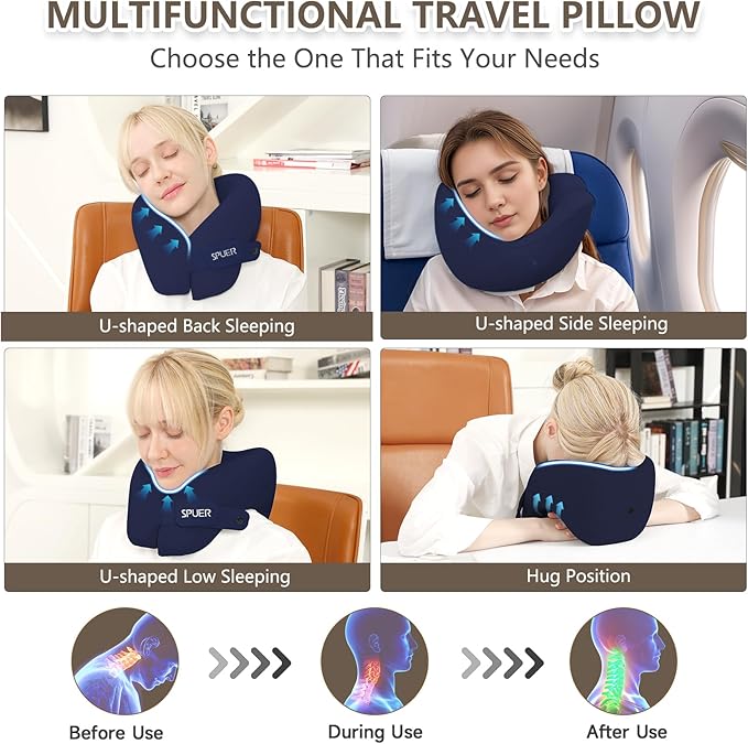 2in1 Ergonomic Memory Foam Travel Neck Pillow – 2025 Upgrade Travel Pillow for All Sleep Positions on Flights, Road Trips, and Long Distance Travel with Drawstring Bag (Adjustable - Navy Blue)