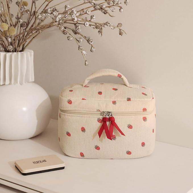 Prite Corduroy Large Travel Quilted Makeup Bag for Women Floral Cotton Cosmetic Bag Coquette Aesthetic Floral Toiletry Organizer Bag(Strawberry)