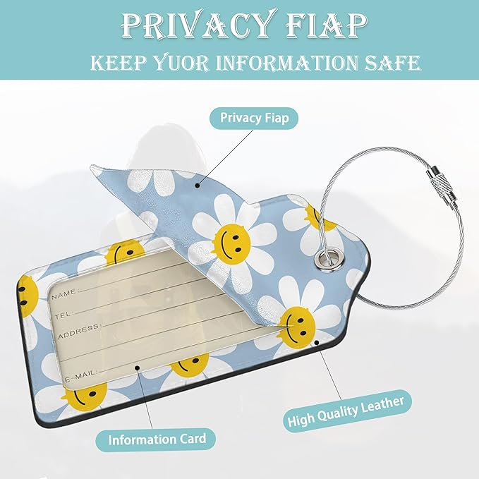 2 Pack Luggage Tag for Suitcases Cute White Daisy Flowers PU Leather Bag Travel Suitcase ID Identifier Baggage Tags for Women Men Travel