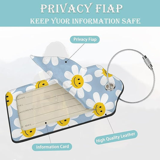 2 Pack Luggage Tag for Suitcases Cute White Daisy Flowers PU Leather Bag Travel Suitcase ID Identifier Baggage Tags for Women Men Travel