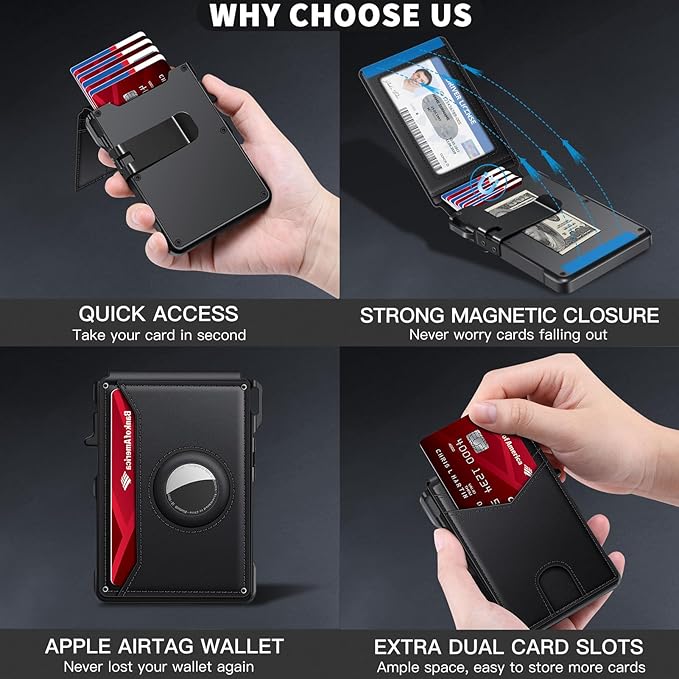 Airtag Wallet for Men, Mens Smart Wallet for Air Tag RFID Blocking, Minimalist Bifold Pop Up Aluminum Credit Card Case Holder 12+ Cards with ID Window, Gift for Men, No Airtag Included, Black