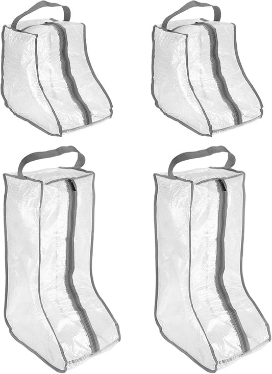 Boot Storage Bags [4PCS] - Plastic Tall Short Boot Carry Bags Clear Shoe Bags with Handle for Travel & Daily Use - [Gray] Waterproof & DustProof Boot Bags for Cowboy Boots