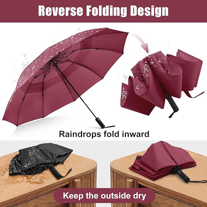 G4Free 42 Inch Inverted Compact Golf Umbrella for Rain Reverse Travel Umbrella 10 Ribs Windproof Portable Double Canopy Automatic Open Close for Women(Burgendy)