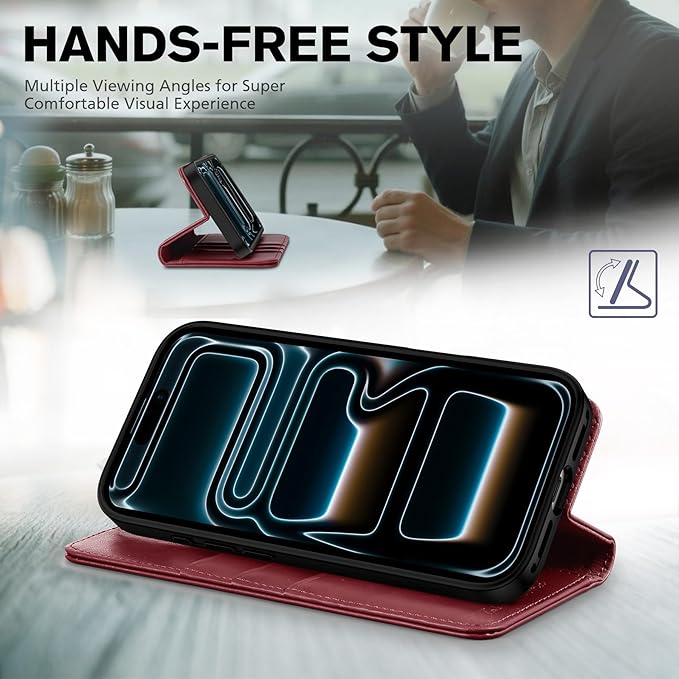 TUCCH Wallet Case for iPhone 17 Pro (6.3") 2025, 3 Credit Card Slot | RFID Blocking | Stand | PU Leather | Protective Flip Folio Cover | Shockproof TPU Interior Shell | Deep Red