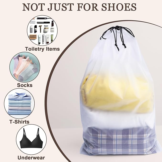 18 Pack Clear Shoe Bags for Travel, 15.7"×11.8" PEVA Drawstring, Water-Resistant, Fits up to Men’s 12–13, Reusable Storage for Shoes, Clothes & Toiletries, Keep Luggage Tidy & Odor-Free