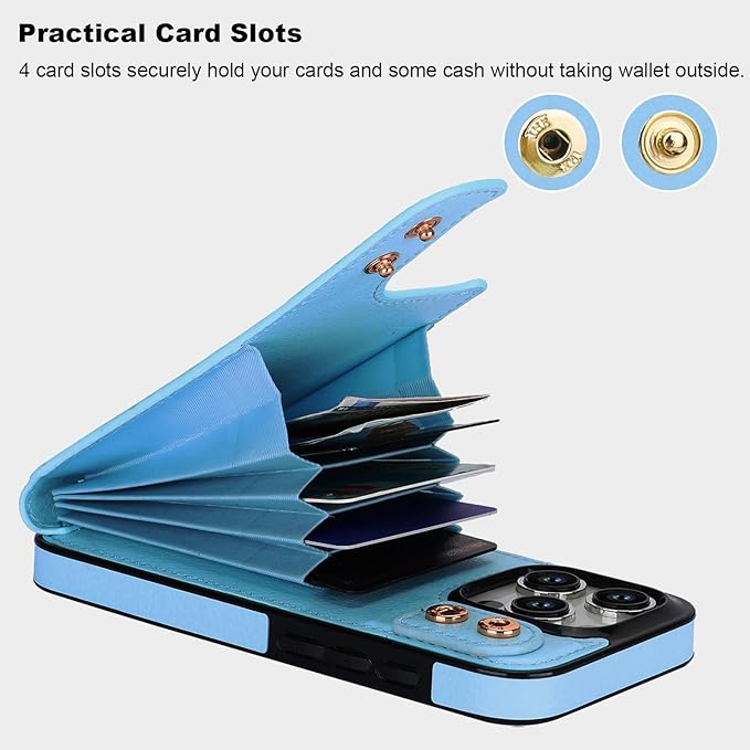 Folosu Compatible with iPhone 15 Pro Case Wallet with Card Holder, 360°Rotation Finger Ring Holder Kickstand, RFID Blocking Leather Protective Double Buttons Shockproof Cover 6.1 Inch Blue