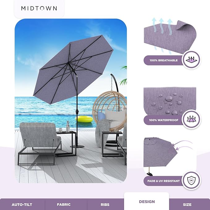 Midtown Umbrellas 10-Year-No-Fade - 6 Ft - UV Proof Purple Texture Polyester Fabric - Umbrella Outdoor Patio, Aluminum Frame Large Patio Umbrella for Garden, Pool & Deck - Black Pole