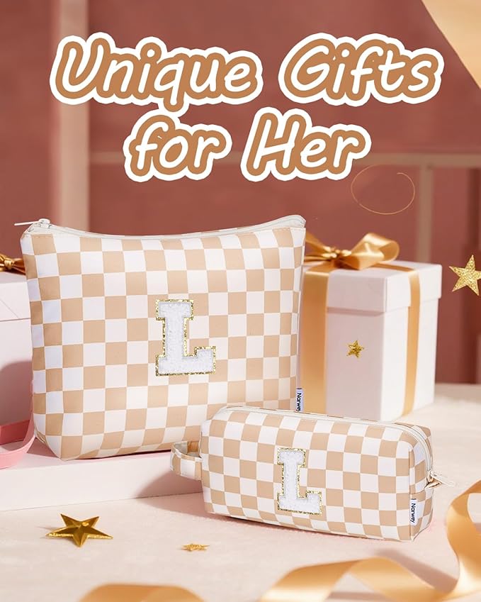 Narwey 2 Piece Personalized Initial Makeup Bag Checkered Cosmetic Bags, 6 8 10 11 12 13 14 16 18 Years Old Teen Girl Gifts Trendy Stuff Birthday Gifts for Women, Travel Toiletry Bag (Brown Letter L)
