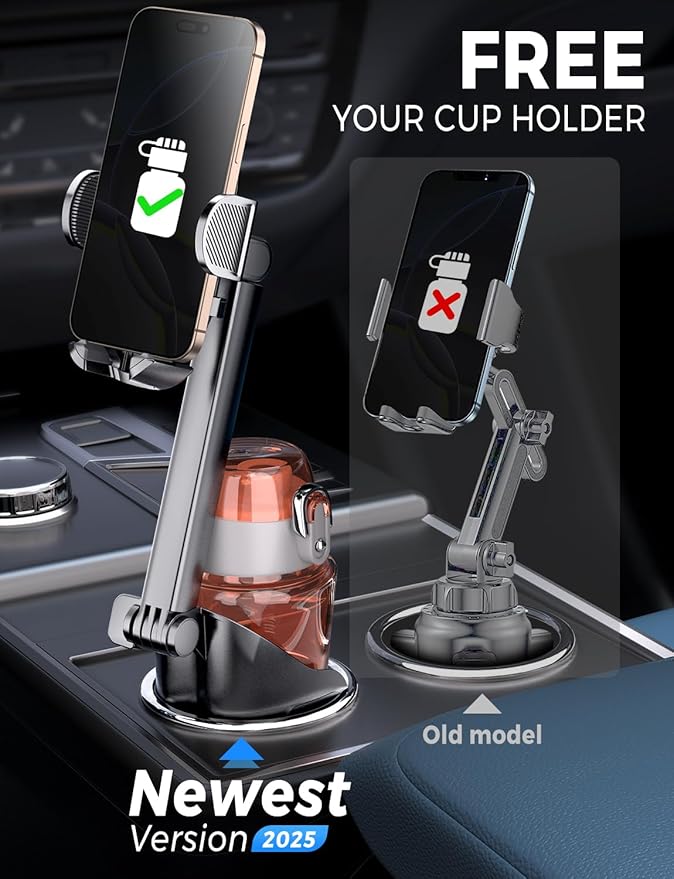 eSamcore Cup Holder Phone Holder, Unobstructed Cup Holder Phone Mount for Your Car Cupholder (2.5"-4") with Flexible C-Shaped Base, 360° Swiveling, 0.8" Deep Clamp Compatible with iPhone 4.7"–7"