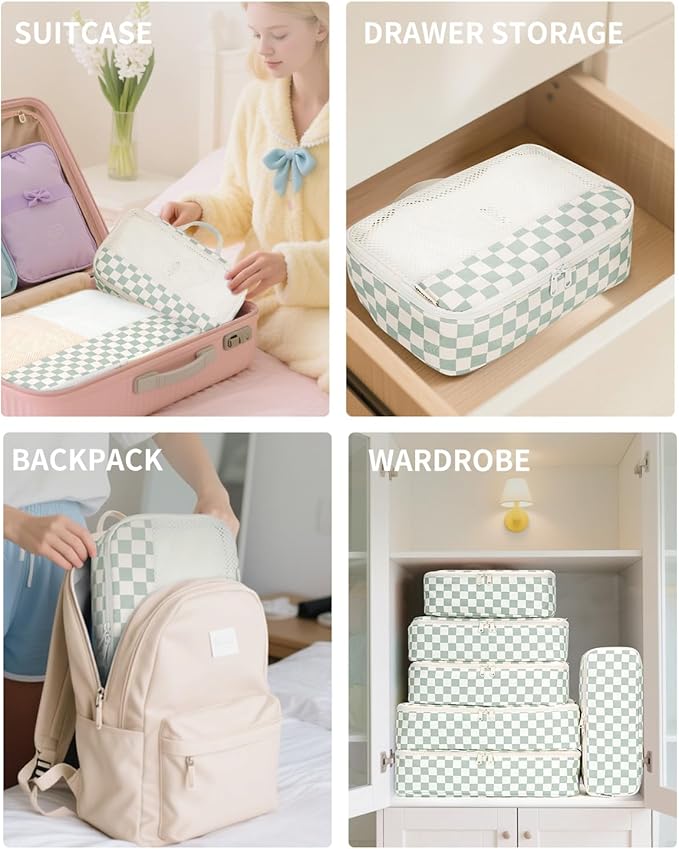 Narwey 7 Set Checkered Packing Cubes for Travel Carry on Suitcase Luggage Organizer Bags for Kids Women Men, Durable Packing Organizers Bag, Travel Essentials Accessories (Mint Green Checkerboard)