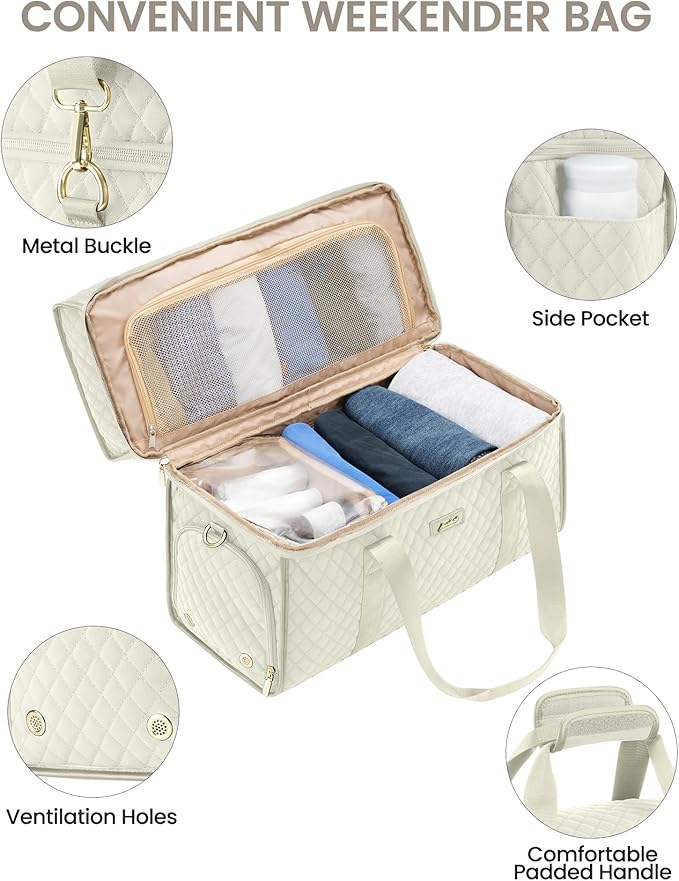 Weekender Travel Duffle Bag for Women: Overnight Bags with Shoe Compartment Carry on Bags for Airplanes with Toiletry Bag Weekend Yoga Gym Bag with Wet Pocket Beige