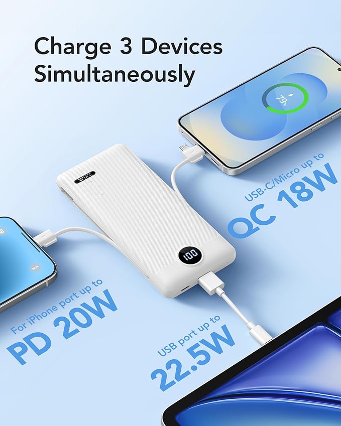 VRURC Portable Charger with Wall Plug, 10000mAh PD 20W Fast Charging Slim Portable Charger Built in Cables,Power Bank with Cords,USB C Portable Phone Charger Travel Accessories -White(1 Pack)