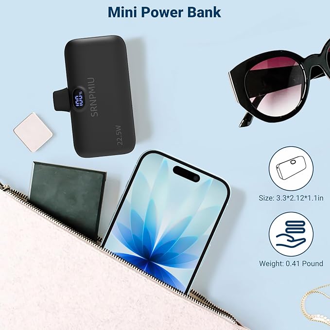 Portable Charger for iPhone 17/16/15 Series, 12000mAh Mini Power Bank with Built-in USB C Connector, 22.5W Fast Charging Battery Pack for Samsung Galaxy S25/S24/S23 Series, iPad etc (Black)