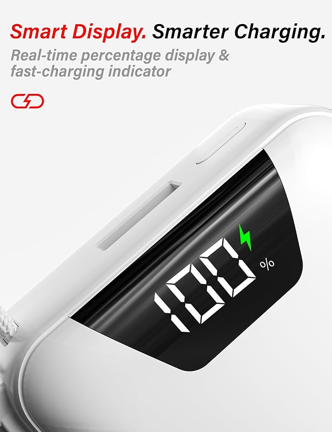Mini Portable Charger, 10000mAh Ultra-Compact Power Bank, 22.5W PD Fast Charging, Tpye-C Built-in Cable, Small Size External Battery Pack for iPhone, Samsung, Android iPad (White)