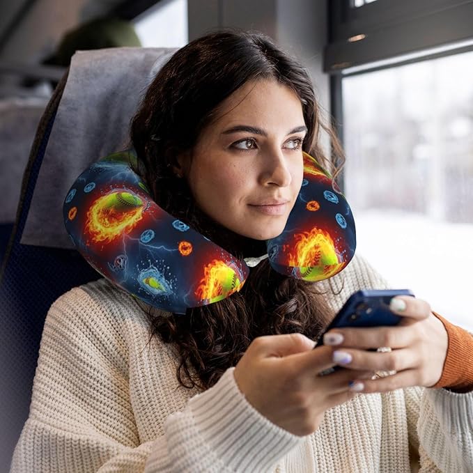 Travel Neck Pillow for Pain Relief Sleeping, Water Fire Flame Softball, Comfortable Memory Foam Chin Head Cushion Support with Zip Cover, Fashion Car Flight Pillows