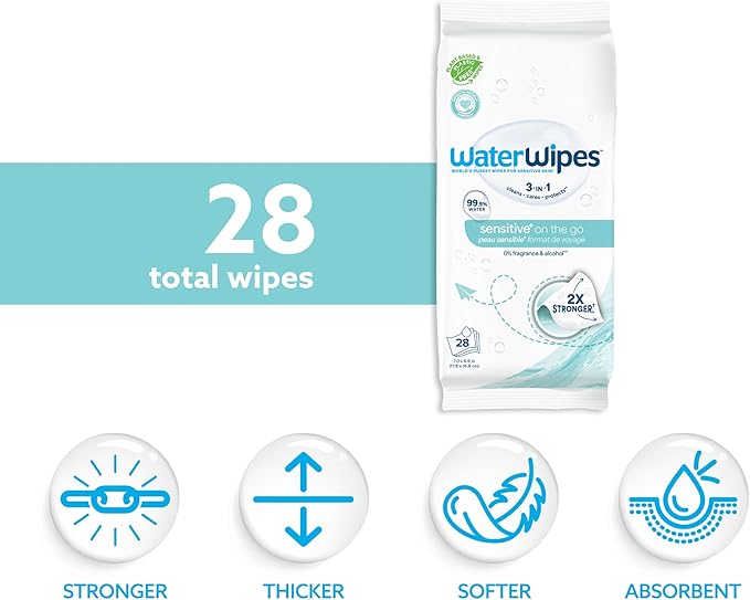 WaterWipes Sensitive+ On The Go Wipes, 3-In-1 Cleans, Cares, Protects, 99.9% Water, Unscented & Hypoallergenic Wet Wipes, 28 Count (Pack of 1)