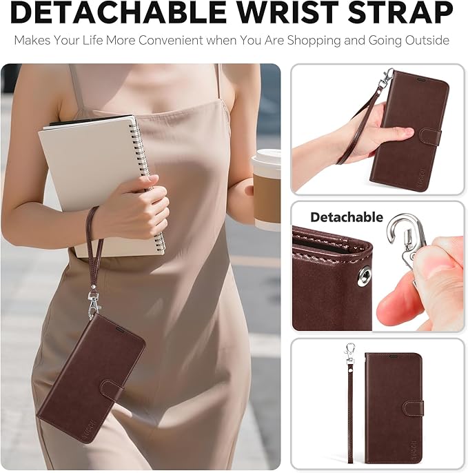 TUCCH 2-in-1 Detachable Wallet Case for iPhone Air (6.5-inch) 2025, Wireless Charging | RFID Blocking 4 Card Holders | Wrist Strap | Kickstand | Magnetic | PU Leather Folio Cover | Chocolate Brown
