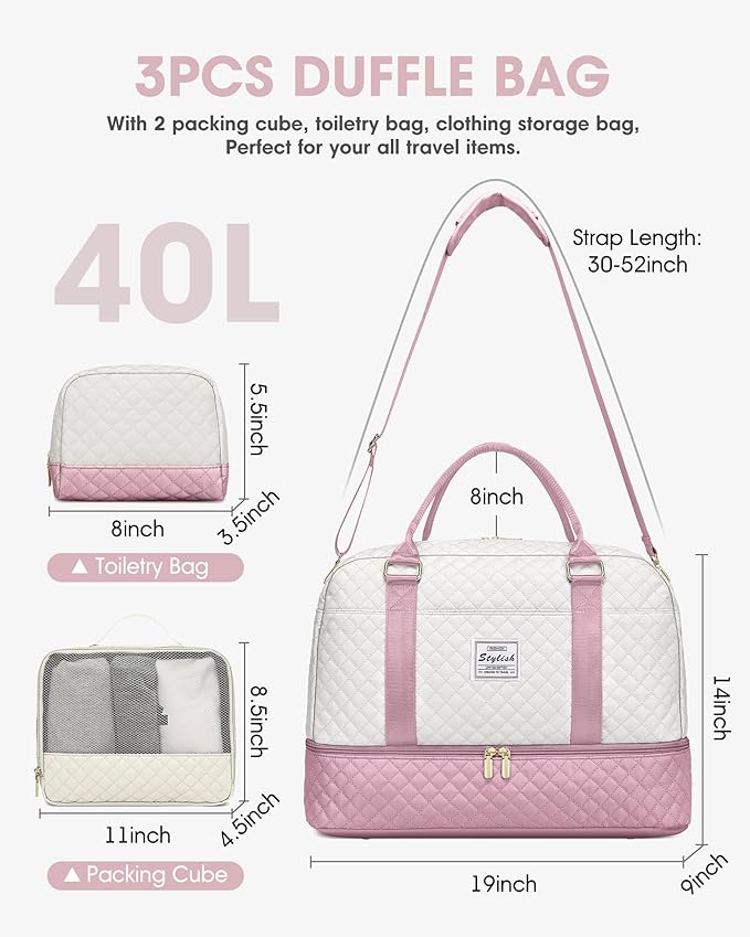 Travel Duffle Weekender Bags for Women: Overnight Bag with Shoe Compartment Carry On Bags with Toiletry & Wet Pocket Large Tote Hospital for Women Labor Delivery Beige Pink