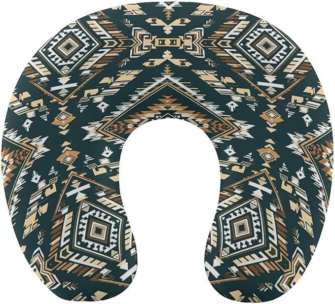 Unisex Travel Neck Pillow Memory Foam U Shaped Cushion Ethnic Indiana Southwest Western Tribal Aztec Green, Washable Cover for Men Women Airplane Car Home Rest