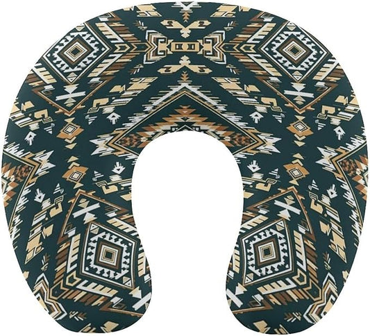 Unisex Travel Neck Pillow Memory Foam U Shaped Cushion Ethnic Indiana Southwest Western Tribal Aztec Green, Washable Cover for Men Women Airplane Car Home Rest