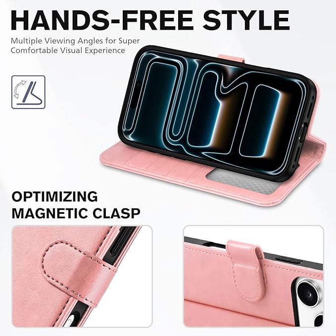 TUCCH Wallet Case for iPhone 17 Pro Max (6.9") 2025, Wrist Strap | 4 Card Slots | RFID Blocking | Stand | Shockproof TPU Shell | PU Leather | Magnetic | Protective Flip Cover | Rose Gold