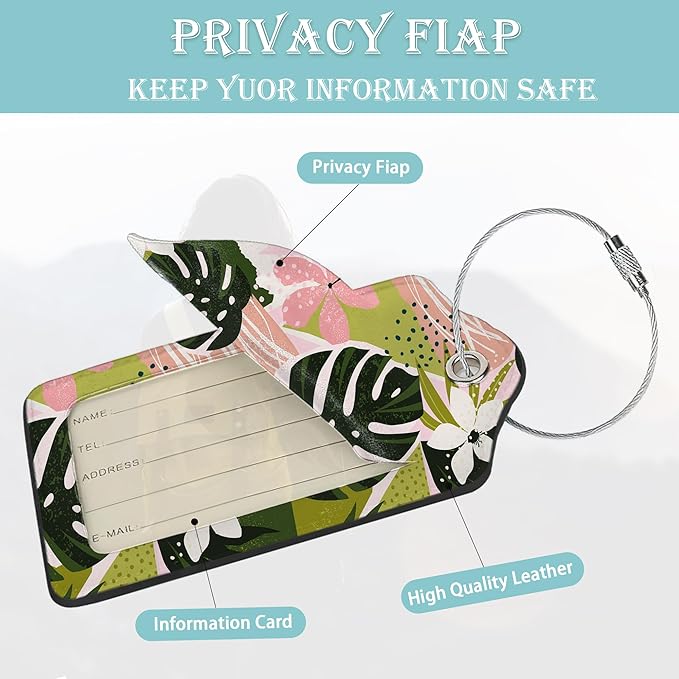 Luggage Tags for Suitcase,2 Pack Boho Flowers Tropical Leaves Luggage Tag PU Leather Privacy Cover ID Label with Stainless Steel Loop for Women Men Teens Travel