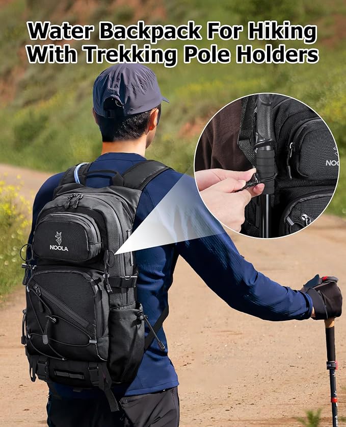 NOOLA Hydration Backpack with 3L Water Bladder - 22L Water Backpack for Hiking, Cycling, Running, Biking - Lightweight Hiking Pack Bag with Rain Cover, Phone Holder and Trekking Pole Holders, Black
