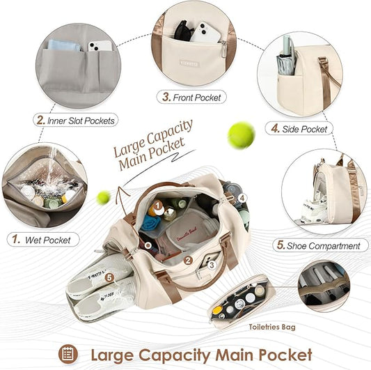 FIORETTO Womens Gym Tote Duffle Bag with Toiletry Bag, Sports Duffel Overnight Hospital Workout Carry on Bag for Girls with Wet Pocket & Shoe Compartment, Ideal for Travel, Swimming, Beige & Brown