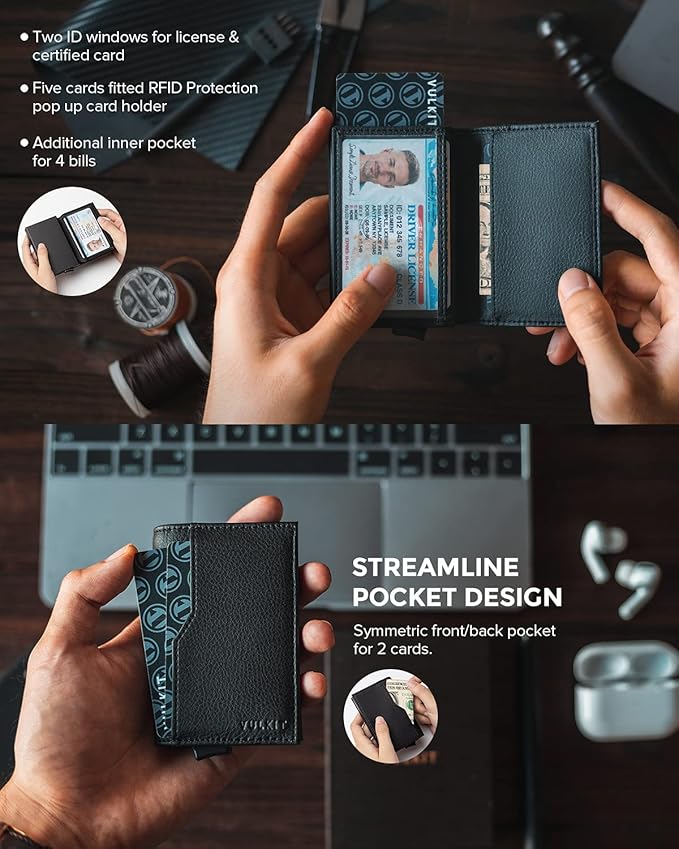 VULKIT Card Holder Wallet with Double ID Windows RFID Blocking Pop Up Wallet Minimalist Design for 12 Cards