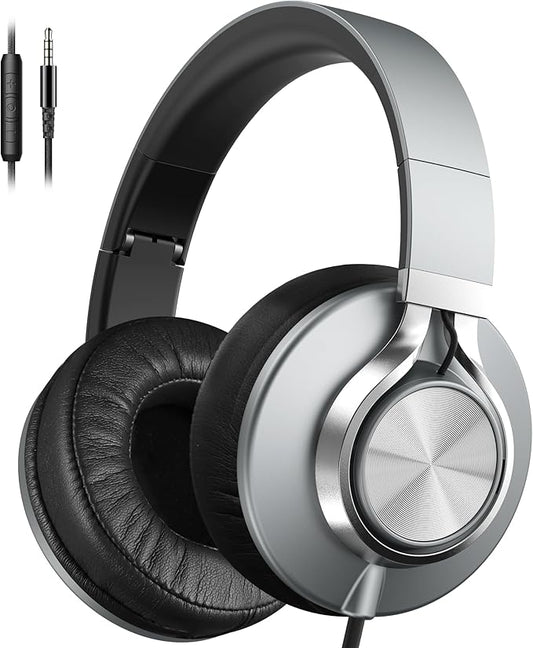 AILIHEN C90 Wired Headphones with Microphone Volume Control, Noise Reduction Foldable Comfortable Over Ear Headphones Wired Durable Nylon 3.5mm Jacket for Tablet/Chromebook/Computer/Adult/Teens(Grey)